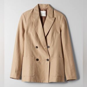 Aritzia Wilfred Parker Linen Blend Double Breasted Blazer in Tawny Tan FLAWED